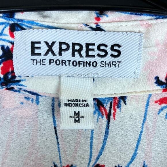 Express Womens Blouse White Palm Tree Portofino V Neck Button Down Sheer M - Picture 6 of 12